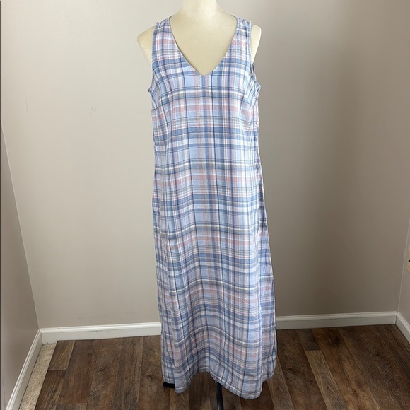 J Jill The Madras Maxi Dress 100% Linen Sleeveless Relaxed Fit Pockets Blue Sz M - Picture 2 of 14